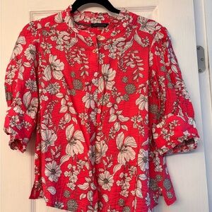 Tommy Hilfiger Floral Button-Front Puff Sleeve Blouse - Red